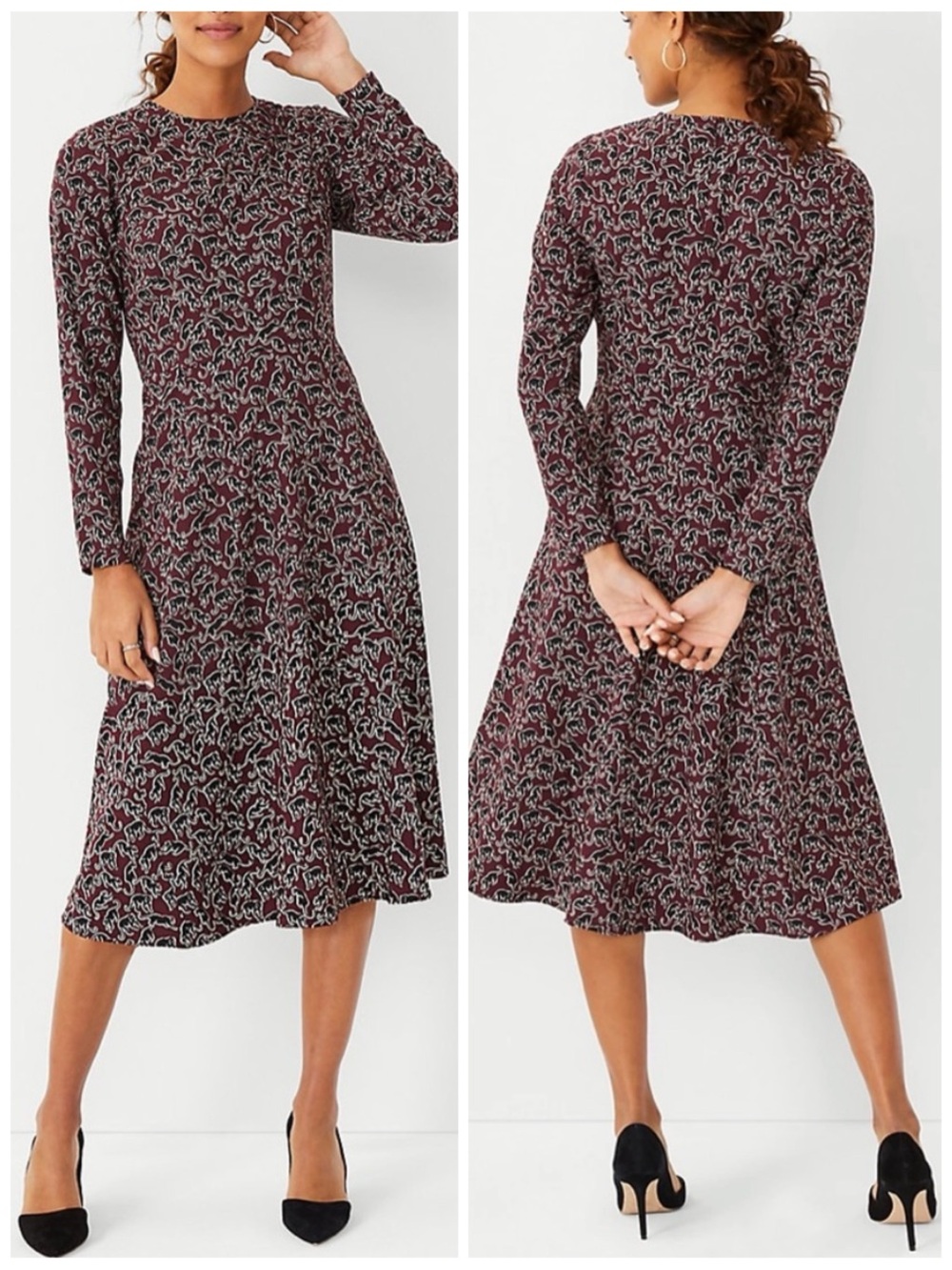 ANN TAYLOR Women’s Size 4 Burgundy & Black Panther Print Long Sleeve Midi Dress